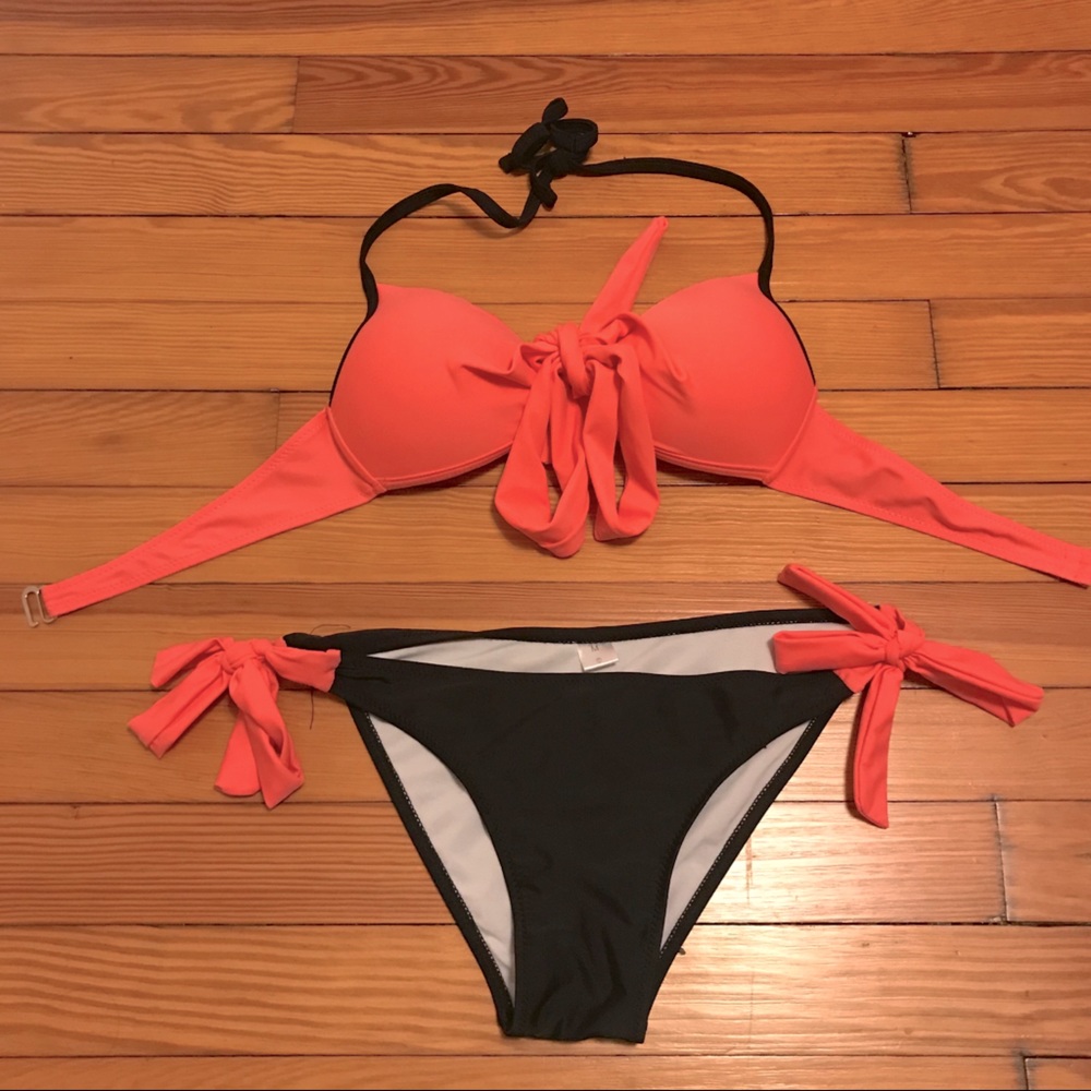 Coral/Black Bikini + Top Swimwear